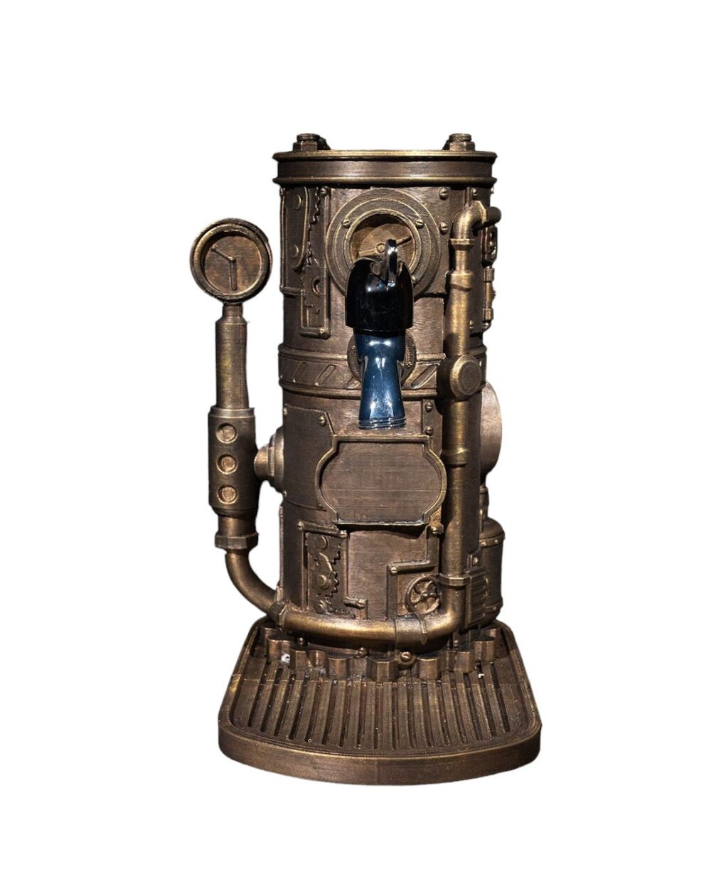 Steampunk Drink Dispenser with bronze pipes and vintage gauges, resembling an industrial-era machine.