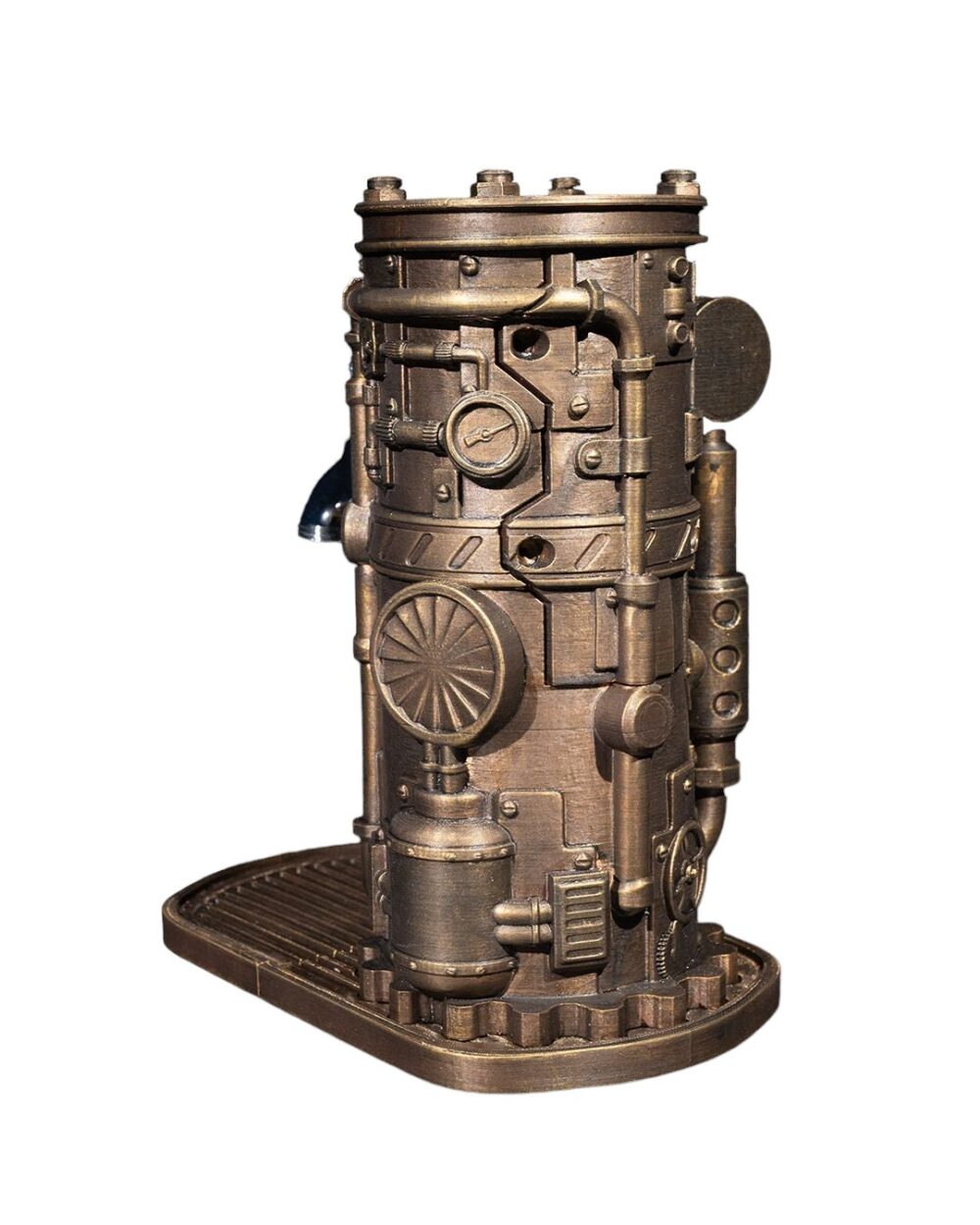 Steampunk Drink Dispenser with intricate bronze gears and pipes, resembling a vintage boiler, displayed on a product page.