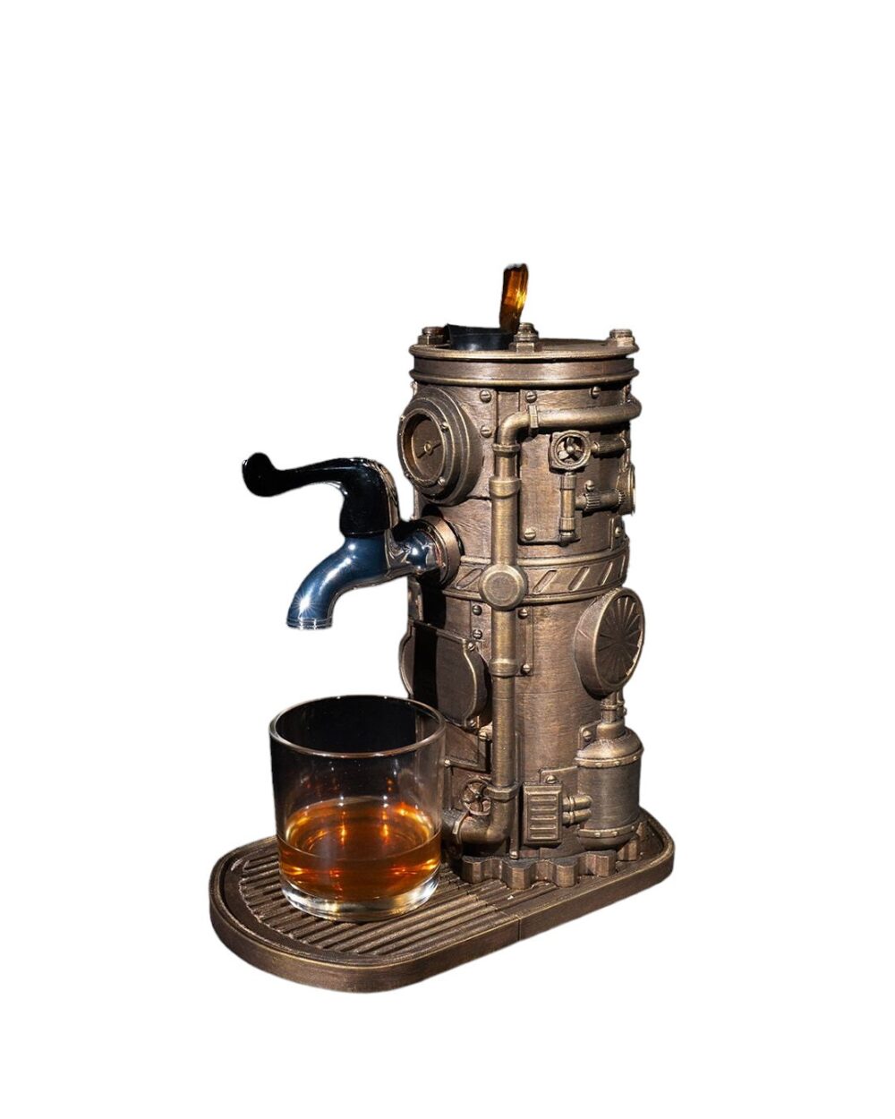 Steampunk Drink Dispenser with antique brass finish and intricate details, dispensing liquid into a glass placed on the base tray.