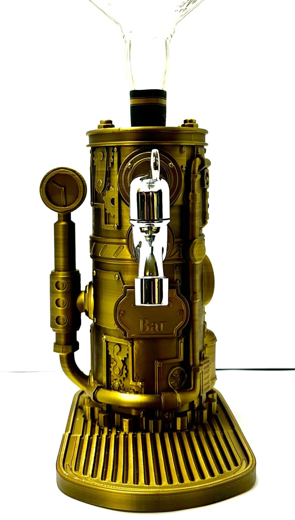 Steampunk Drink Dispenser with brass finish, intricate gear design, and vintage pressure gauge. Perfect for themed parties and decor.