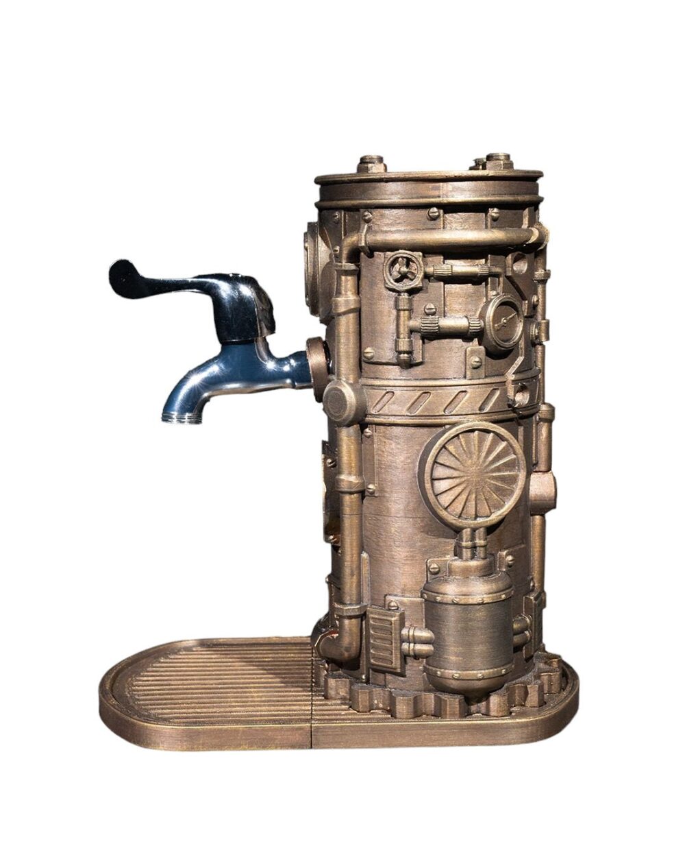 Steampunk Drink Dispenser with intricate brass pipes and gears, featuring a silver spout and a rustic base, perfect for vintage decor.