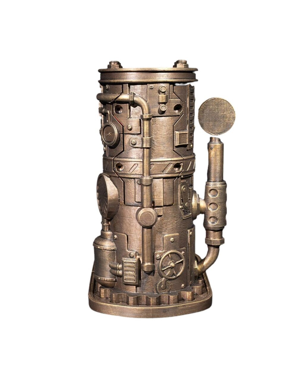 Steampunk Drink Dispenser: Vintage-style, brass-colored metal with intricate gears and industrial design. Perfect for themed parties.