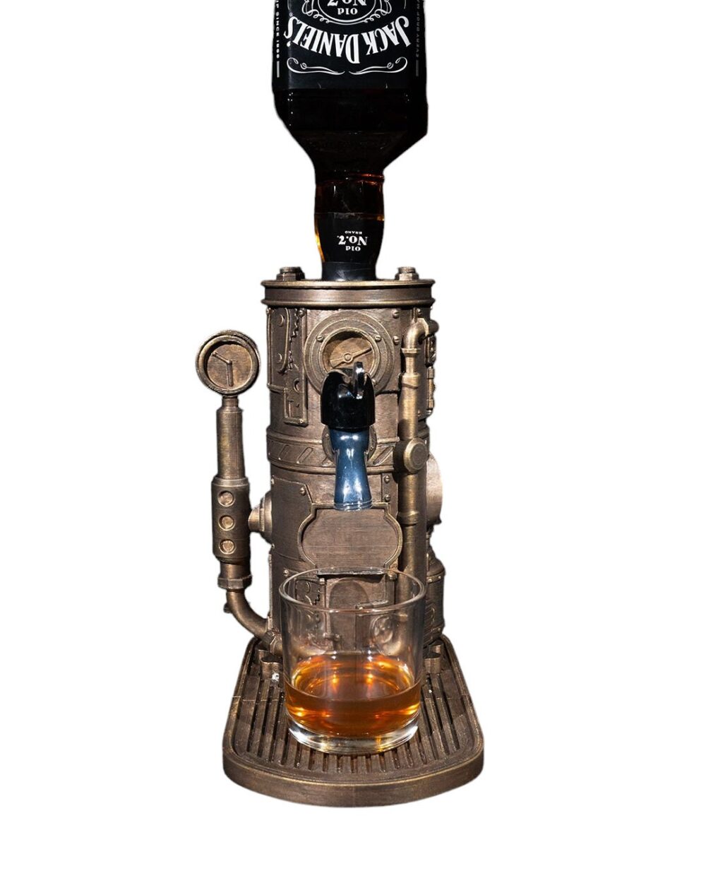 Steampunk Drink Dispenser with intricate metal design. Bottle on top, glass underneath filled with beverage from dispenser.