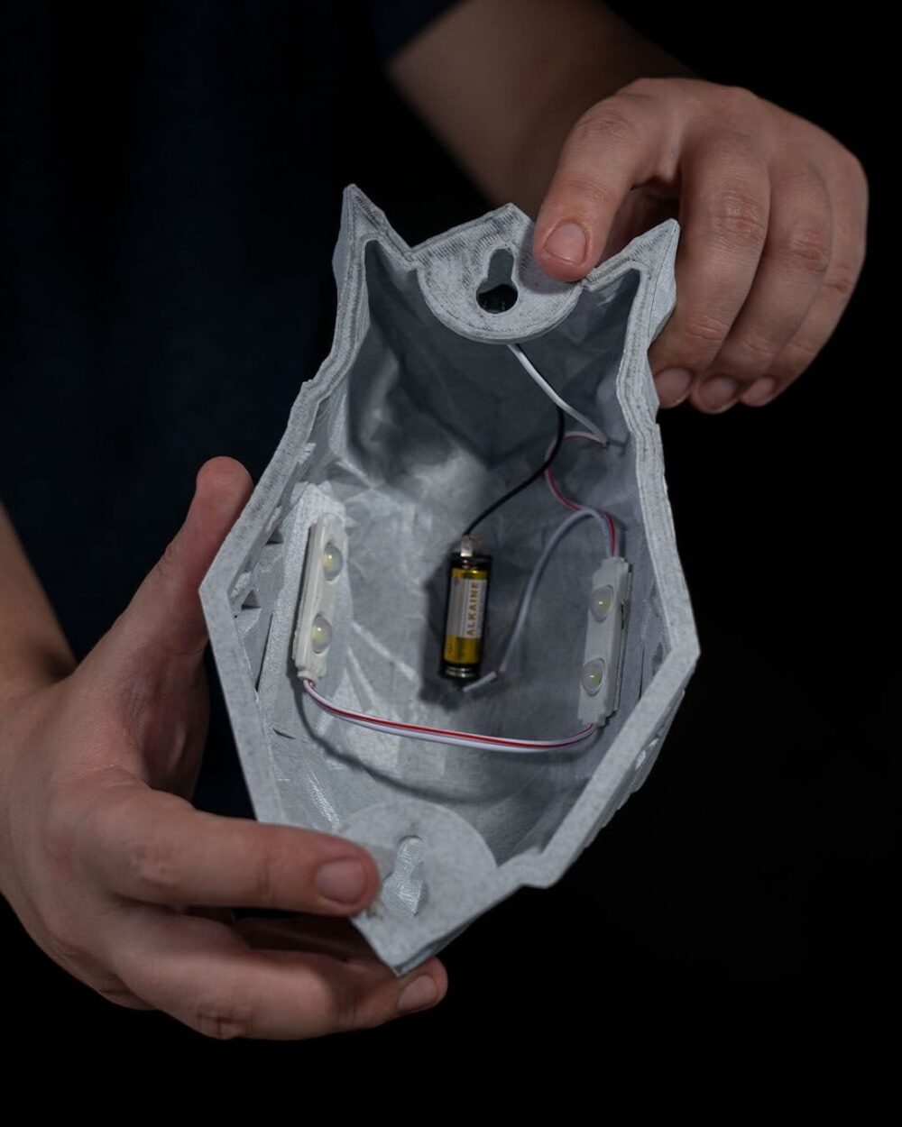 Person holding the interior of an Enchanting Owl Night Light, showing battery compartment and wiring.