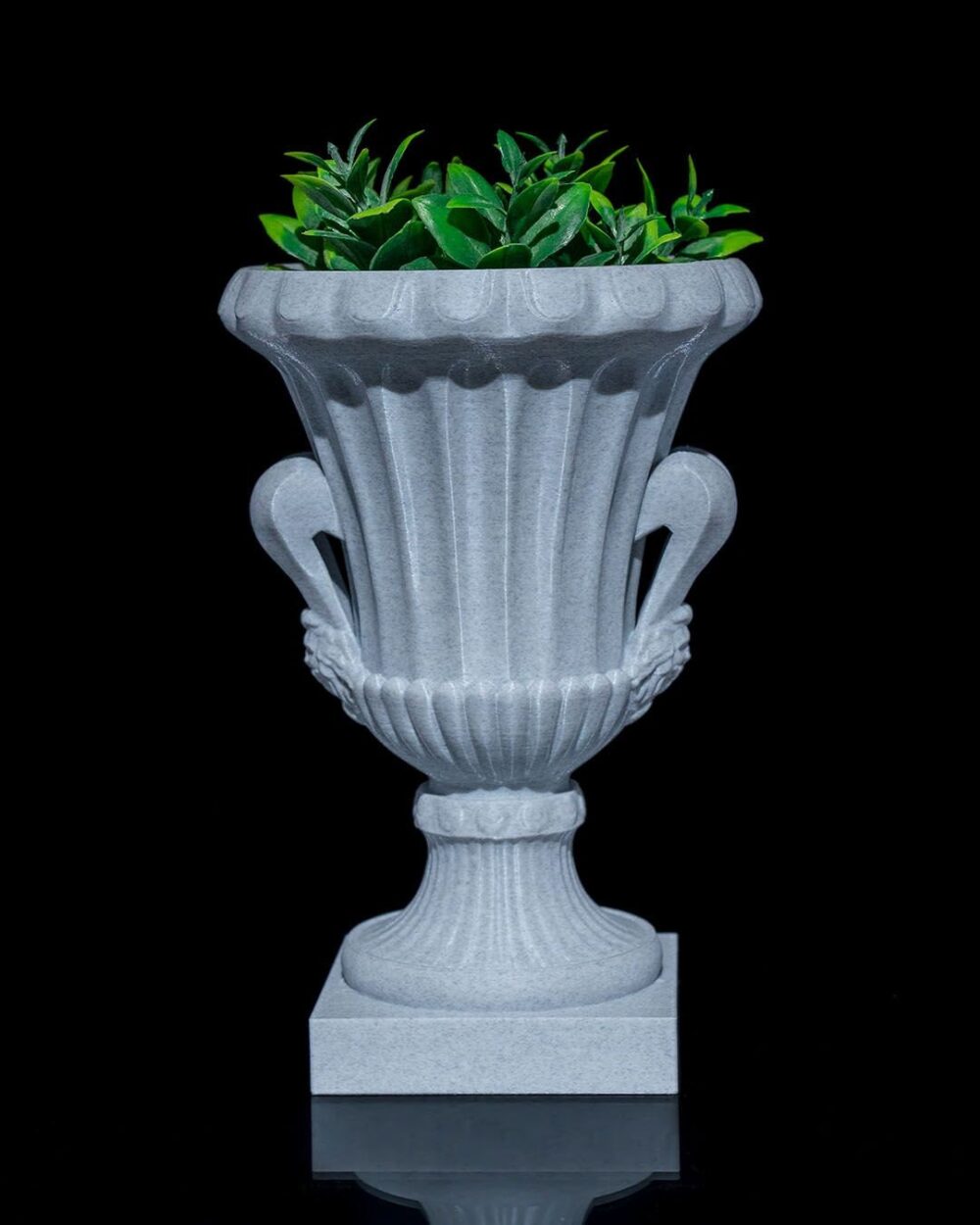 Elegant Roman Cup Planter for Home Decor, Indoor Garden Pot. Antique Greco-Roman style with ornate handles and lush green plants inside.