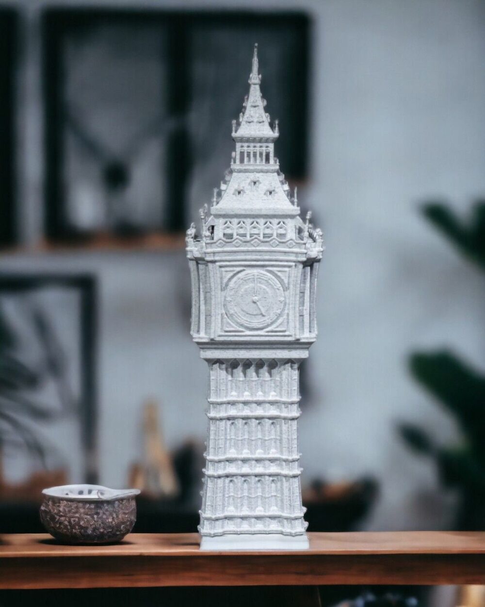 Stunning Big Ben Replica Statue displayed on a wooden shelf, ideal for home decor and collectible gift. Iconic London Landmark model.