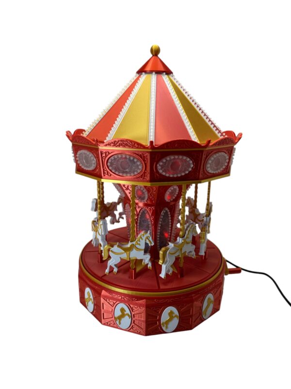 Vintage-style carousel decor with LED lights, featuring a red and gold color scheme and hanging horse figures. Perfect gift or home accent piece.